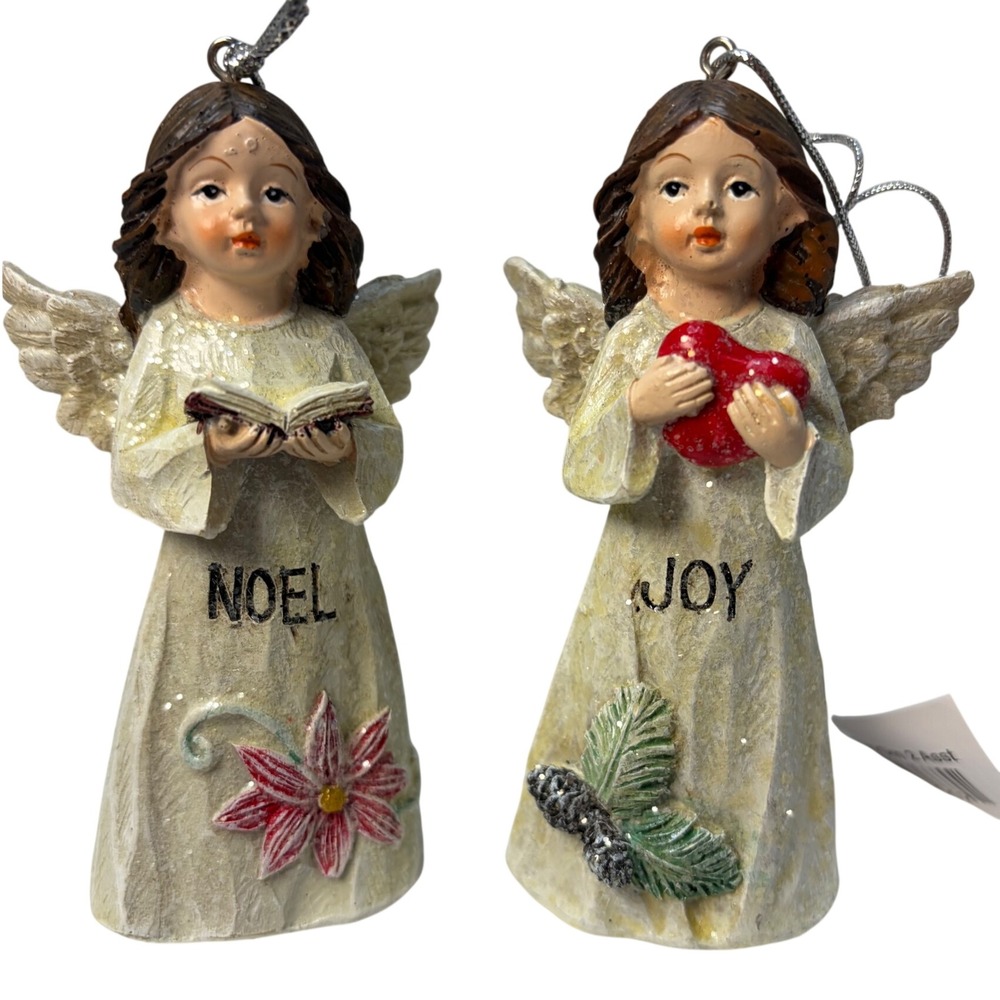 Set of 2 Christmas Angel Flower Ornaments Noel Joy Resin Figures  Cream 4 Inch